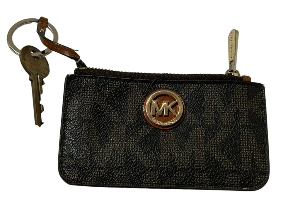Michael Kors Brown Leather Logo Zip-Around Keyring Pouch Key Chain